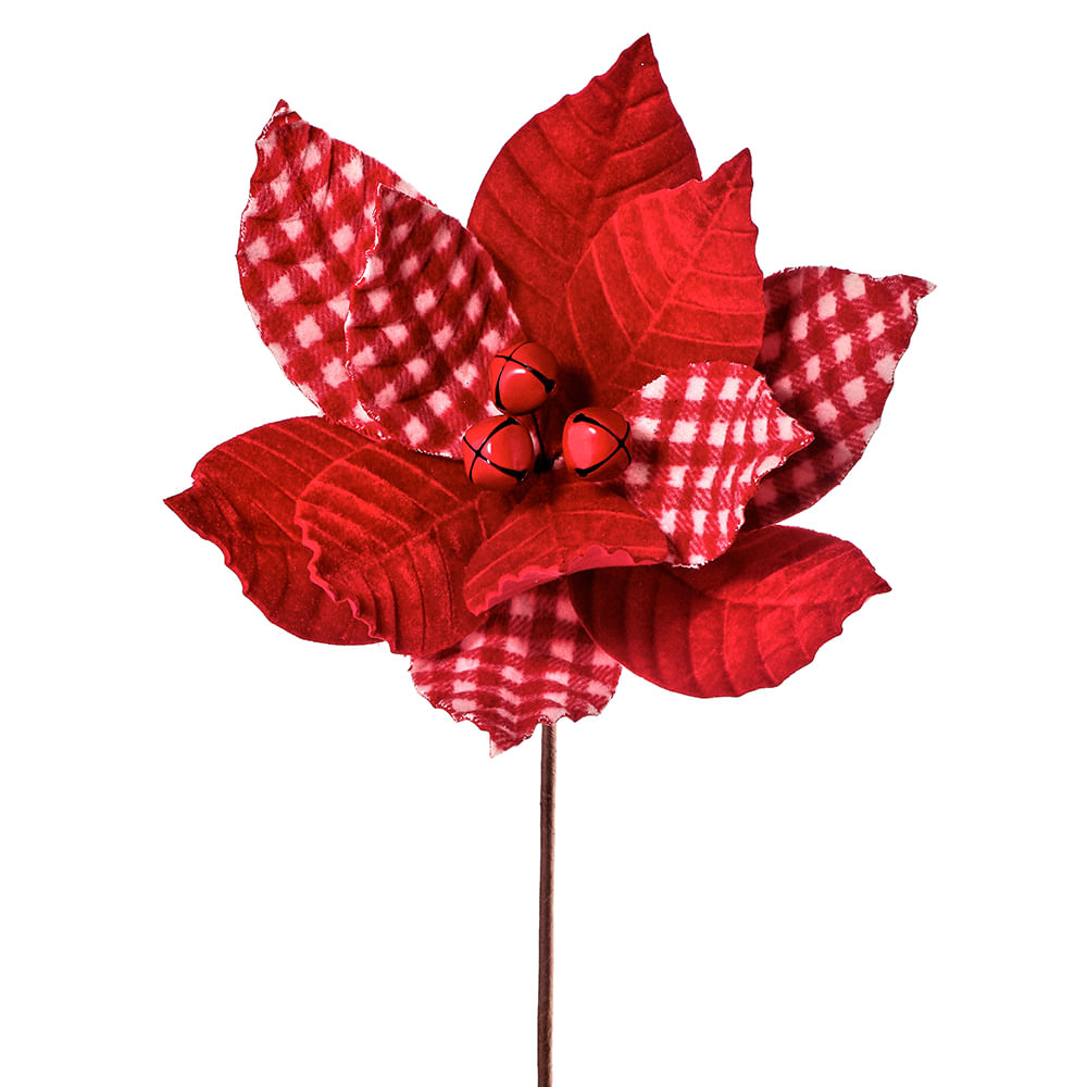 Flor Decorativa de Natal Poinsettia de Veludo Vermelha Xadrez - lojabtc
