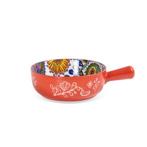 Travessa-Redonda-Em-Ceramica-Com-Relevos-E-Alca-Vermelho-Com-Desenho-Floral-Interno